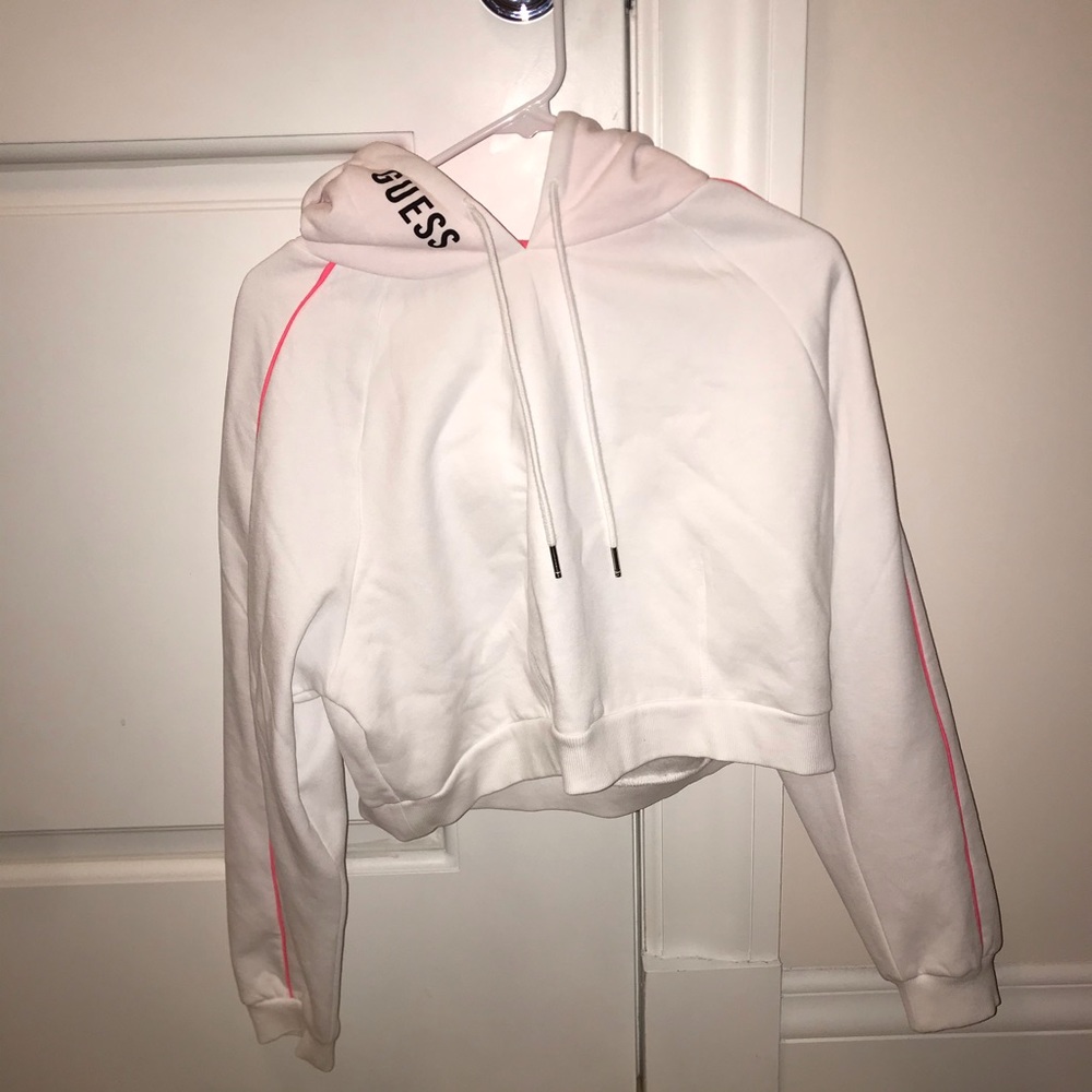 NWOT Guess White & Hot Pink Cropped Hoodie M